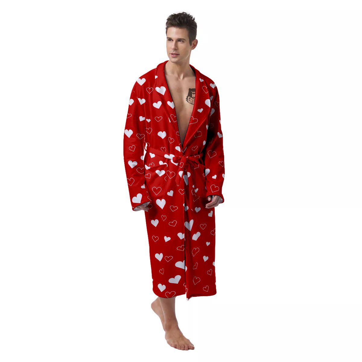 Red Heart And White Print Pattern Men's Robe-grizzshop