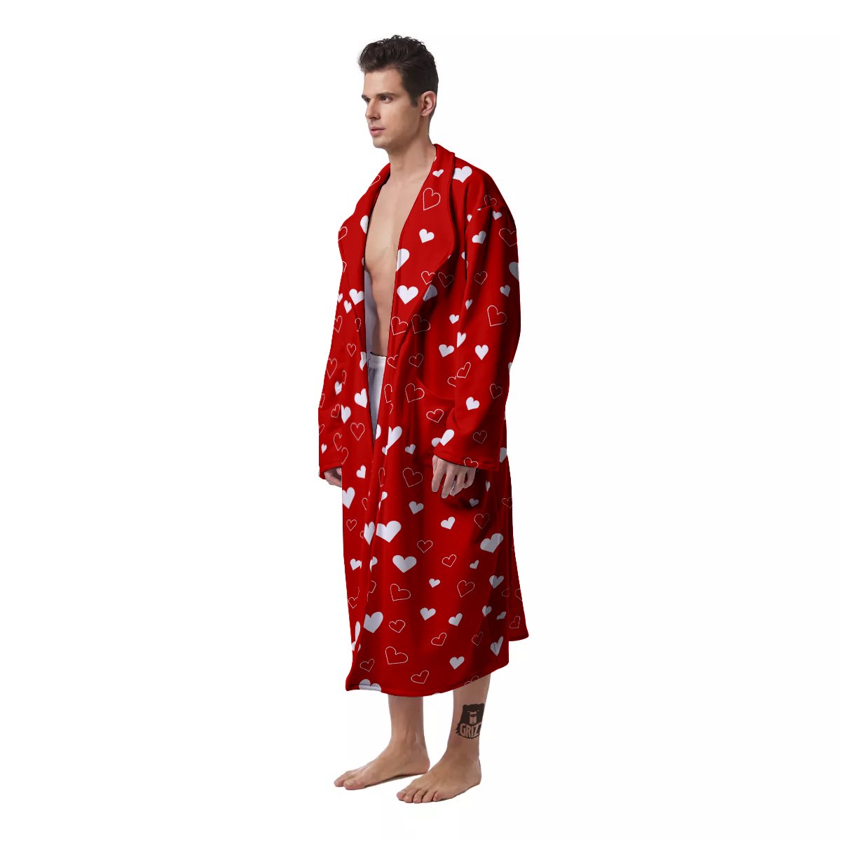 Red Heart And White Print Pattern Men's Robe-grizzshop
