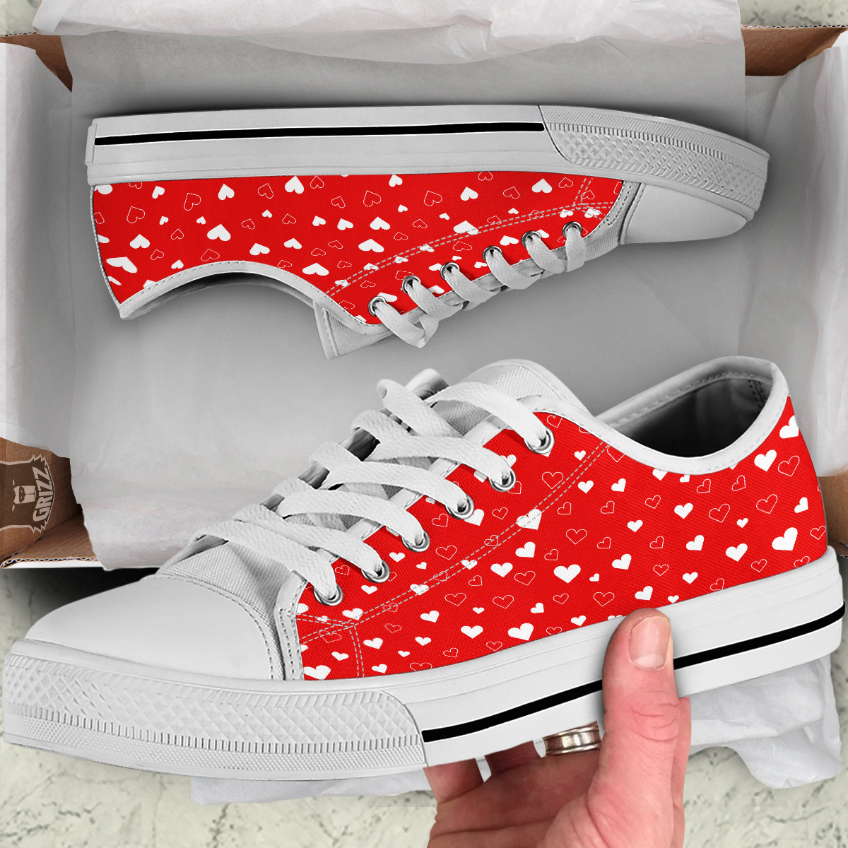Red Heart And White Print Pattern White Low Top Shoes-grizzshop