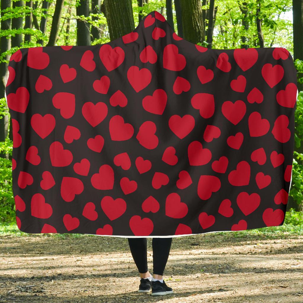 Red Heart Pattern Print Hooded Blanket-grizzshop