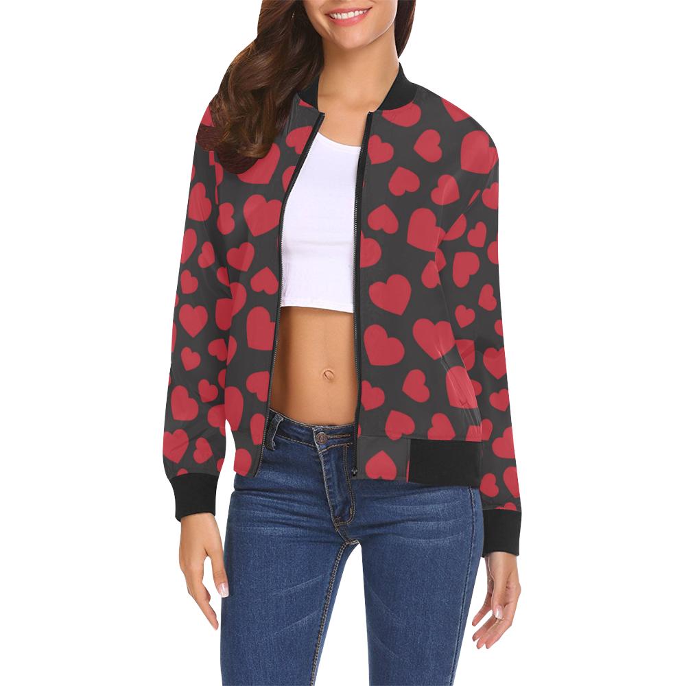Red Heart Pattern Print Women Casual Bomber Jacket-grizzshop