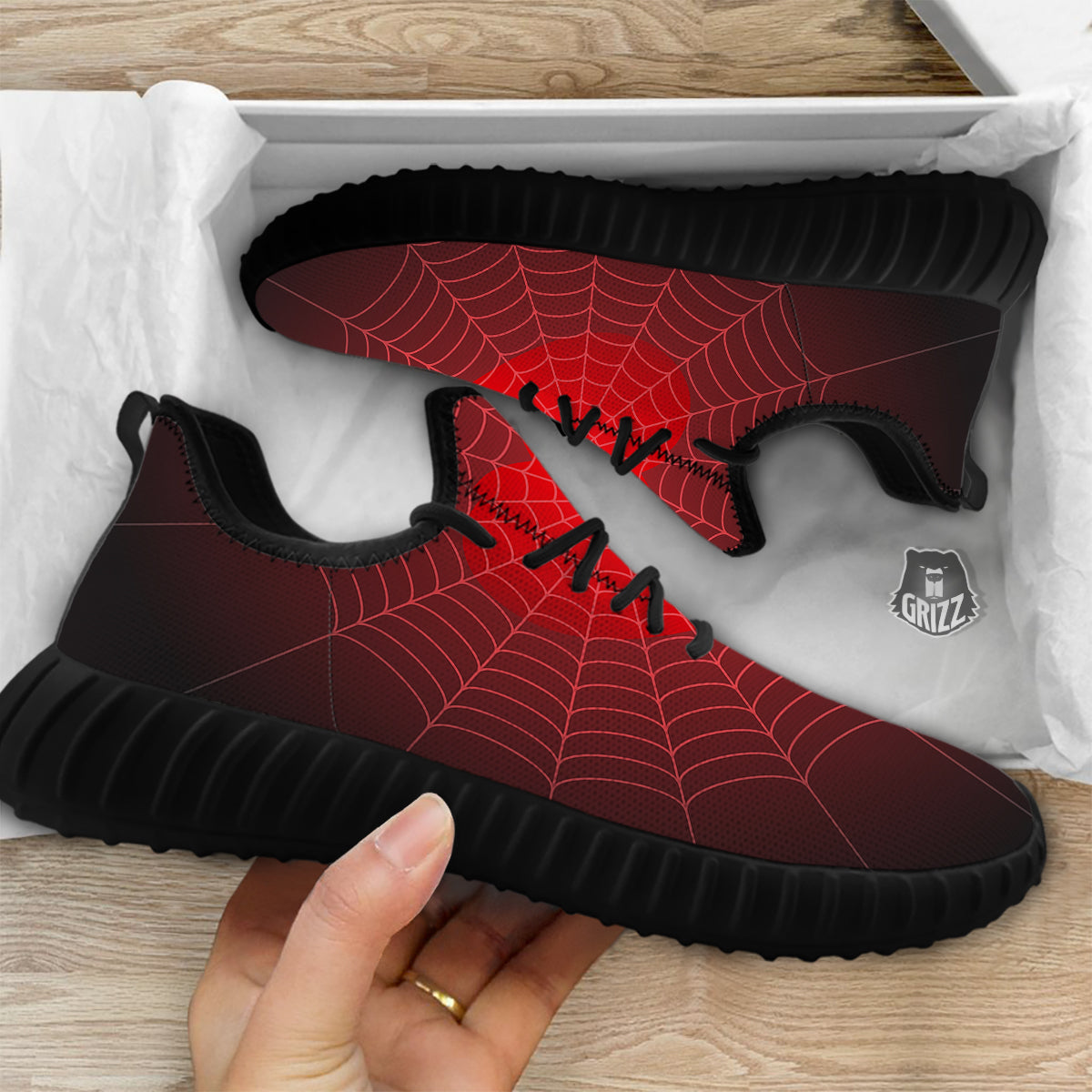 Red Heart Spider Web Print Black Walking Shoes-grizzshop