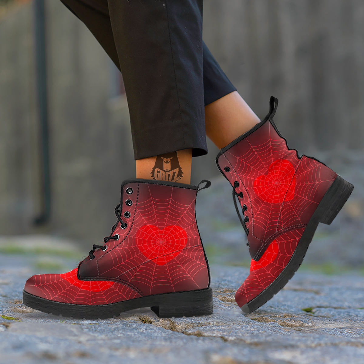 Red Heart Spider Web Print Leather Boots-grizzshop