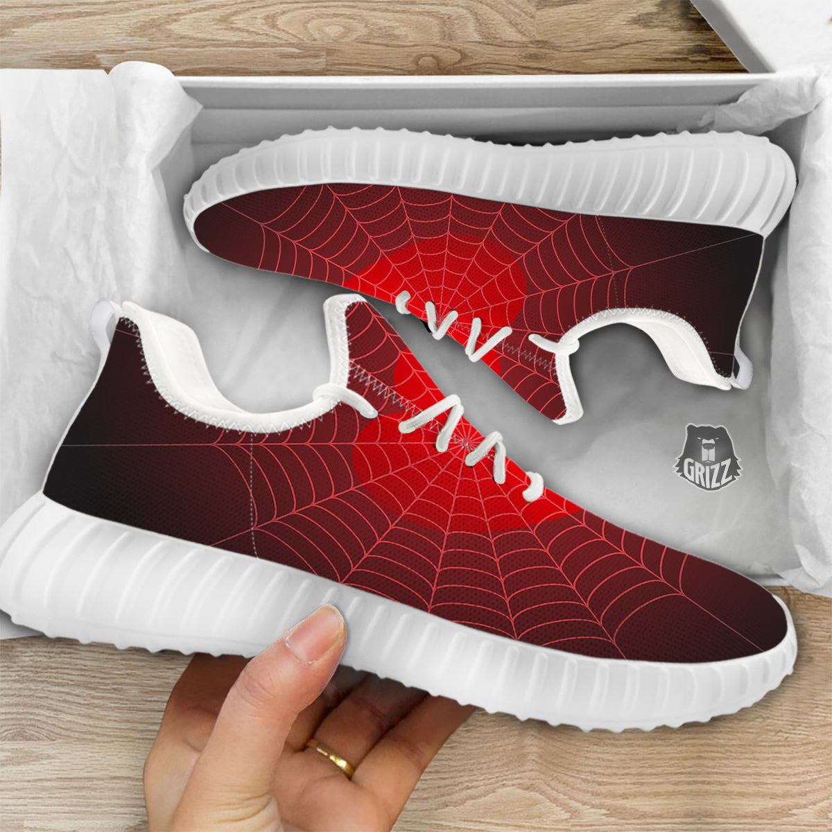 Red Heart Spider Web Print White Walking Shoes-grizzshop