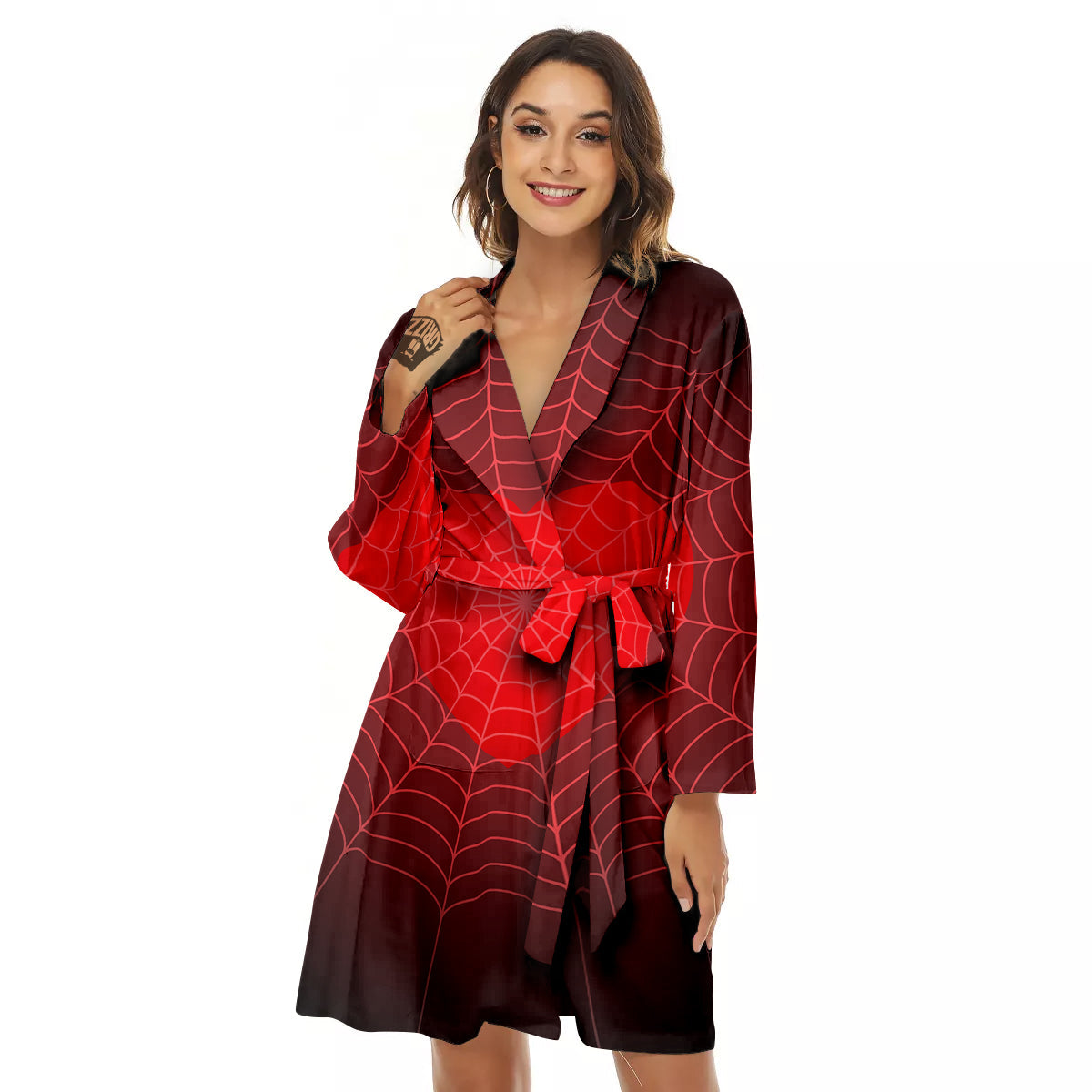 Red Heart Spider Web Print Women's Robe-grizzshop