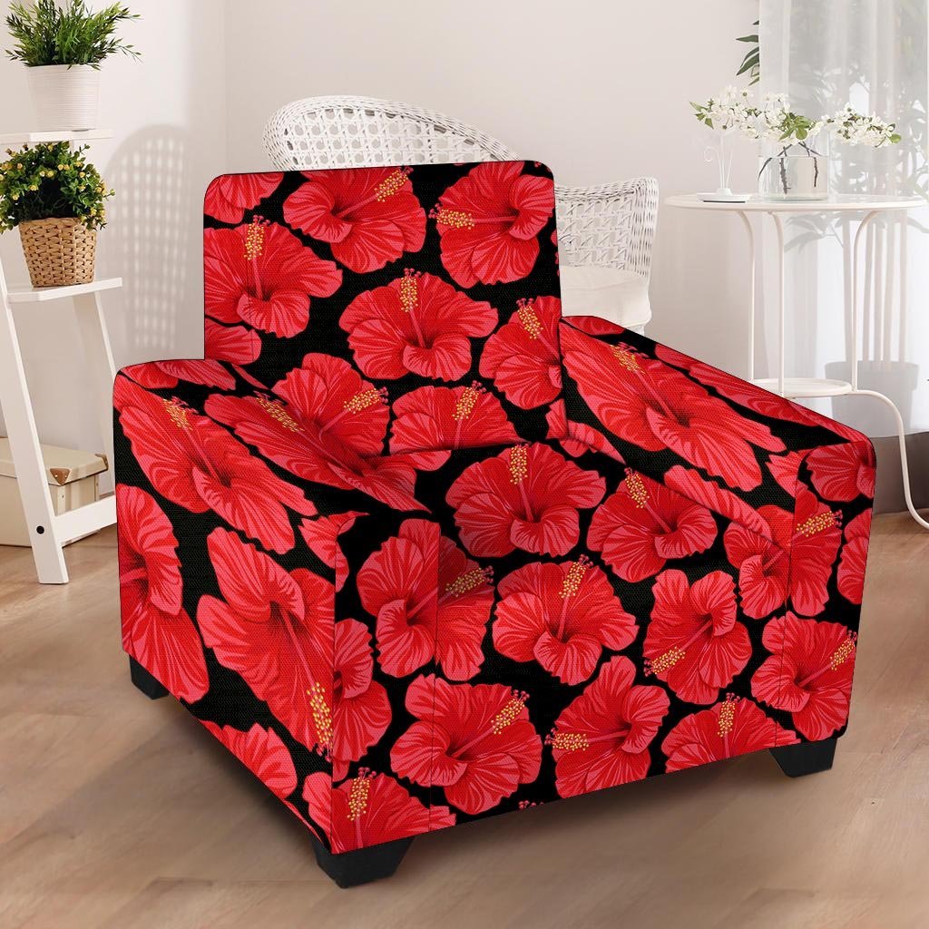 Red Hibiscus Flower Hawaiian Print Armchair Cover-grizzshop