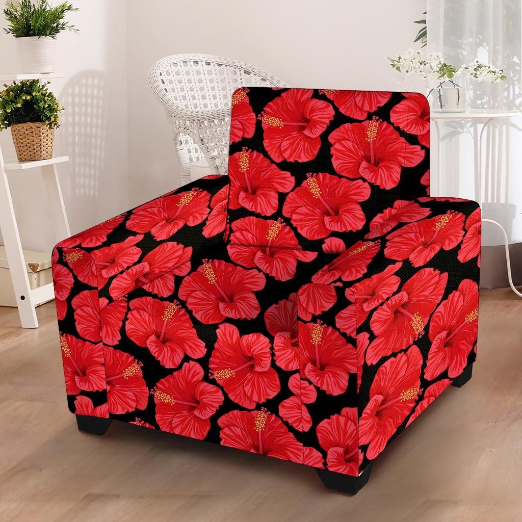 Red Hibiscus Flower Hawaiian Print Armchair Cover-grizzshop