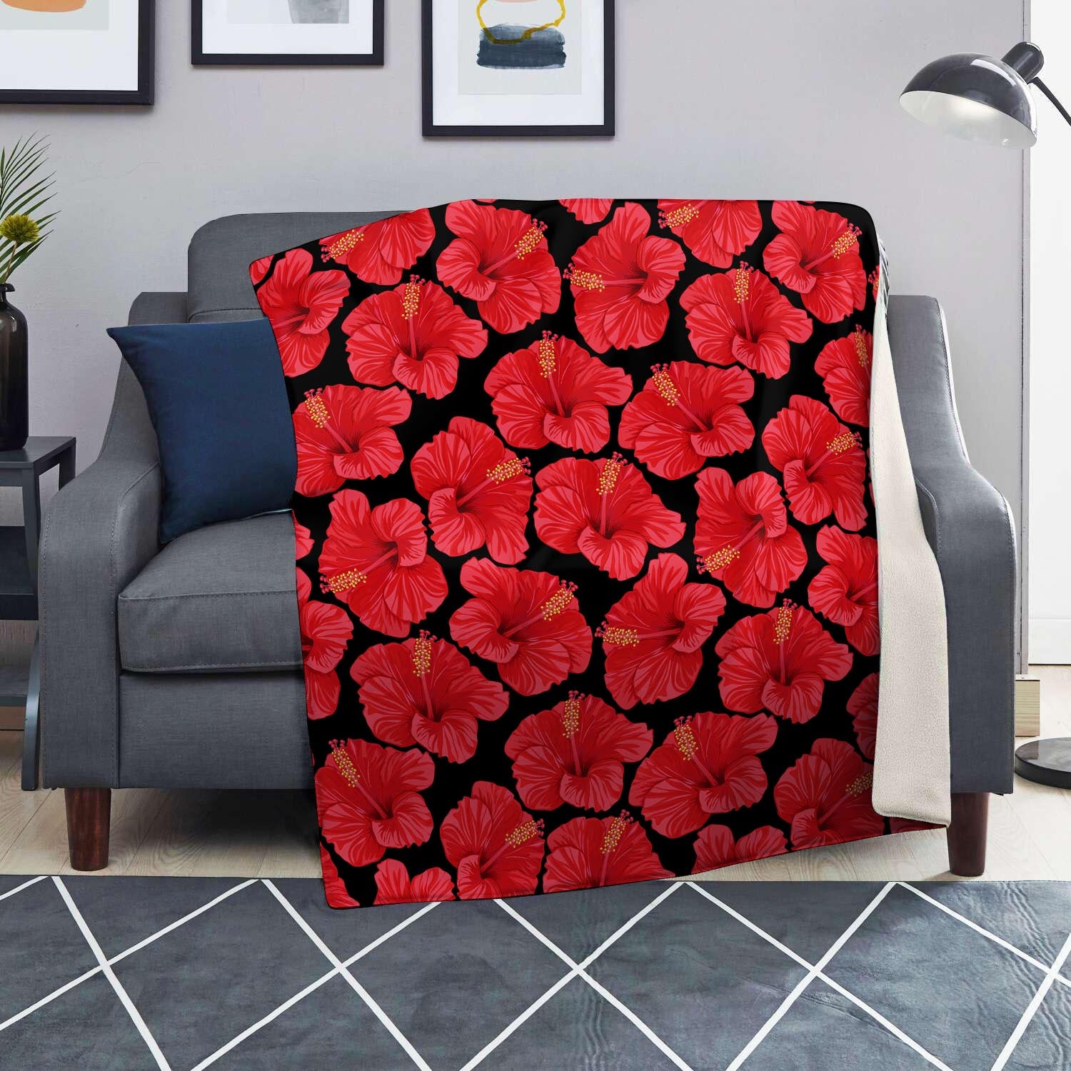 Red Hibiscus Flower Hawaiian Print Blanket-grizzshop