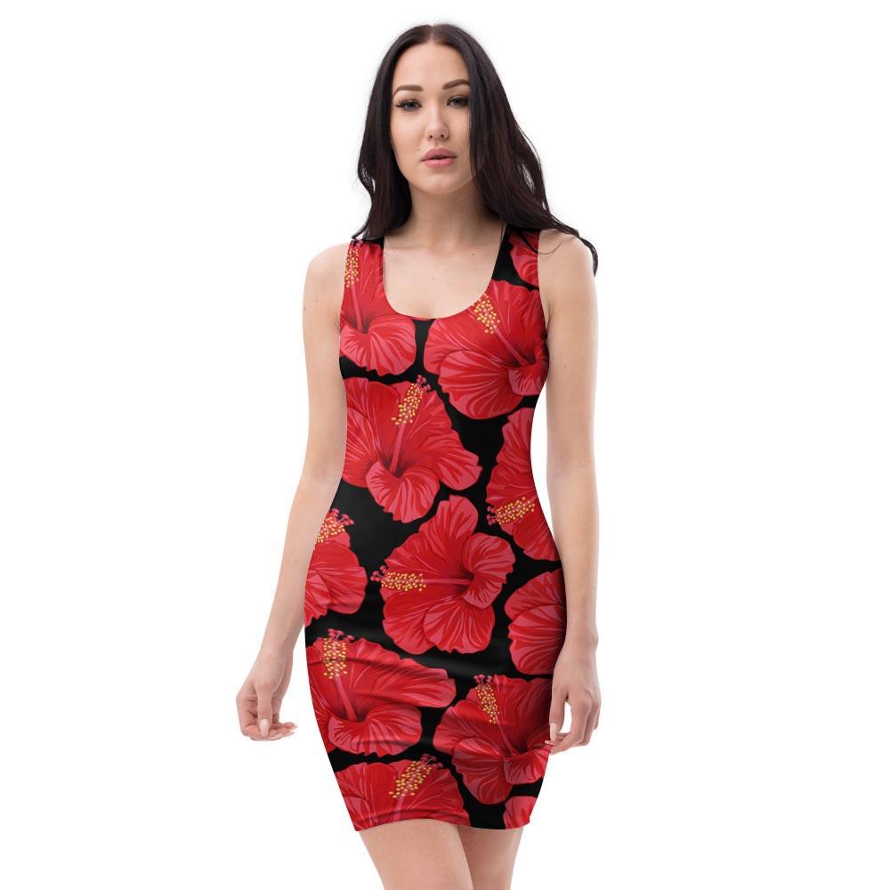 Red Hibiscus Flower Hawaiian Print Bodycon Dress-grizzshop