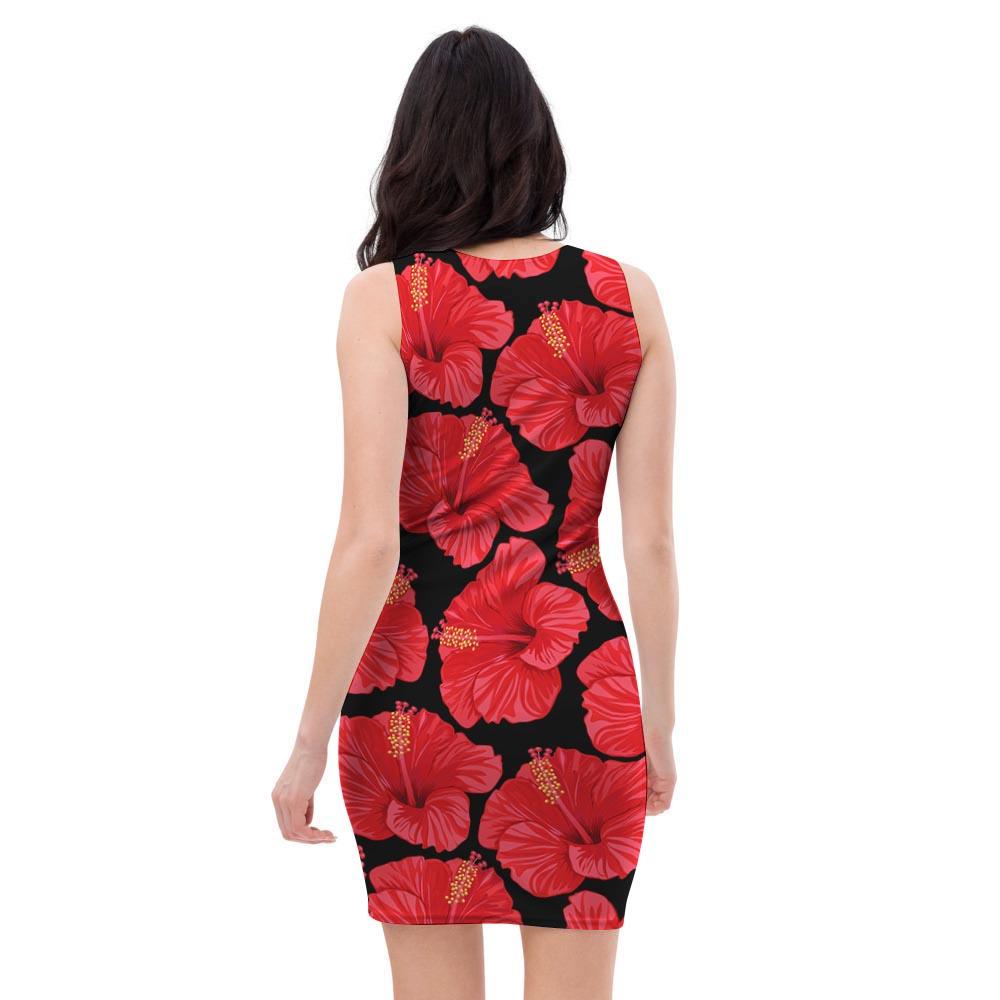 Red Hibiscus Flower Hawaiian Print Bodycon Dress-grizzshop