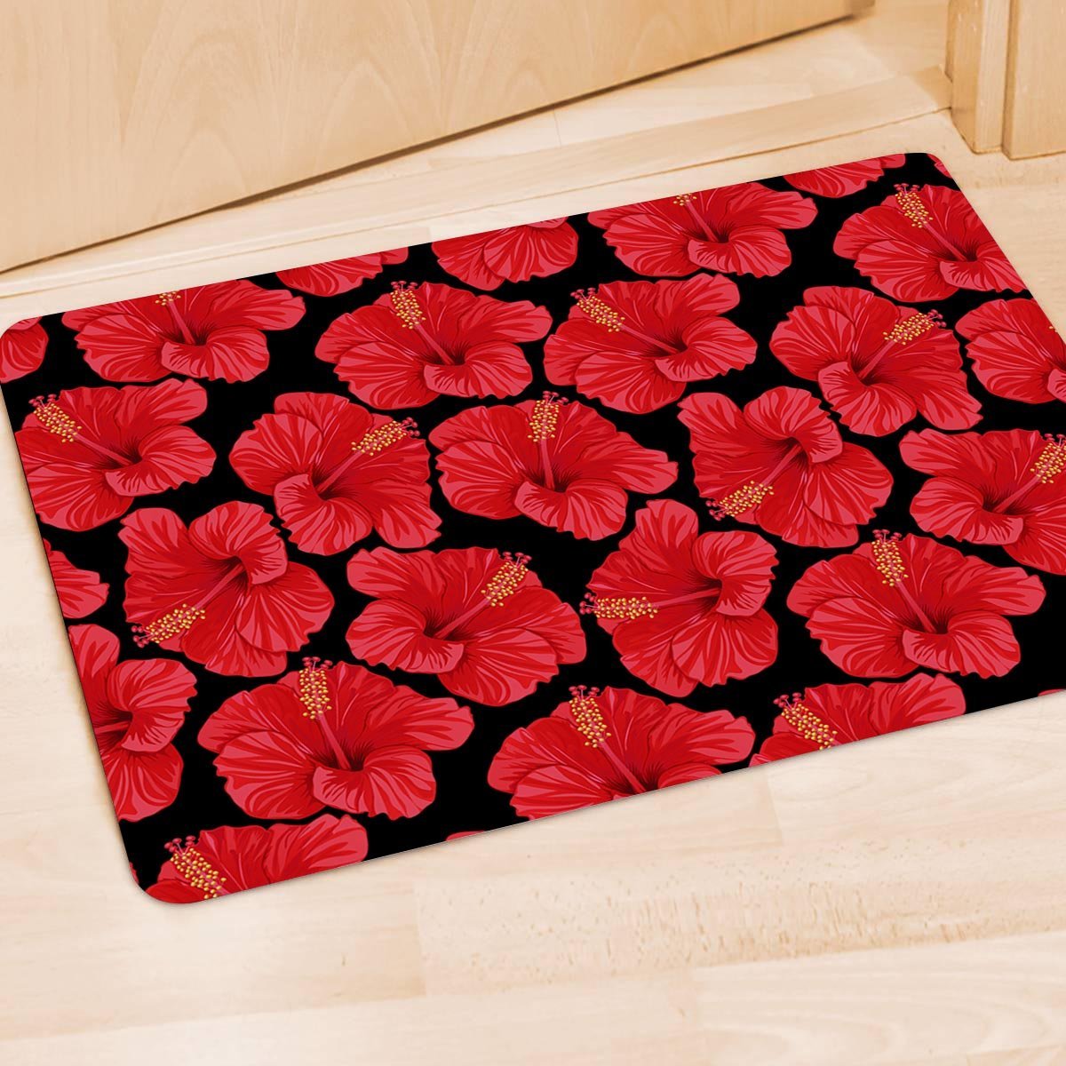Red Hibiscus Flower Hawaiian Print Door Mat-grizzshop