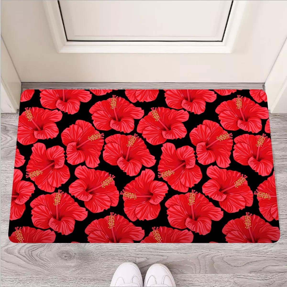 Red Hibiscus Flower Hawaiian Print Door Mat-grizzshop
