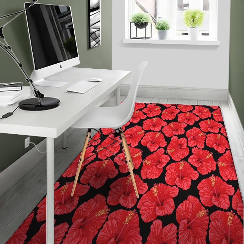 Red Hibiscus Flower Hawaiian Print Floor Mat-grizzshop