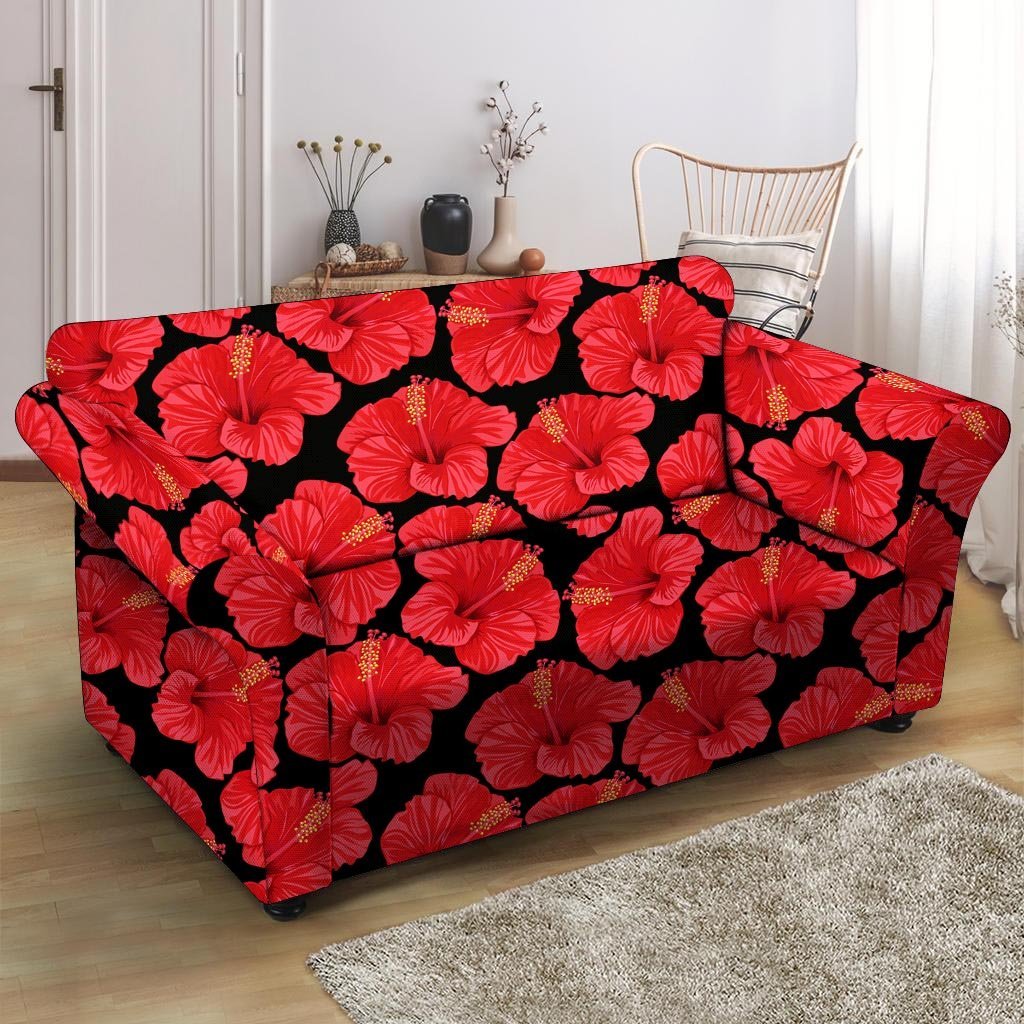 Red Hibiscus Flower Hawaiian Print Loveseat Cover-grizzshop