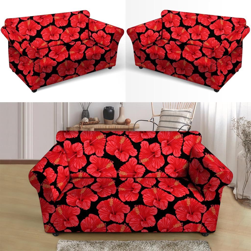 Red Hibiscus Flower Hawaiian Print Loveseat Cover-grizzshop