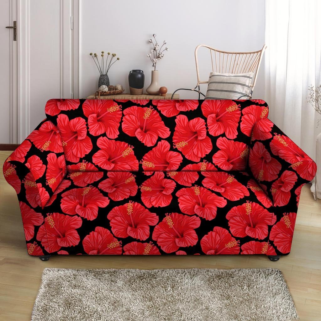 Red Hibiscus Flower Hawaiian Print Loveseat Cover-grizzshop