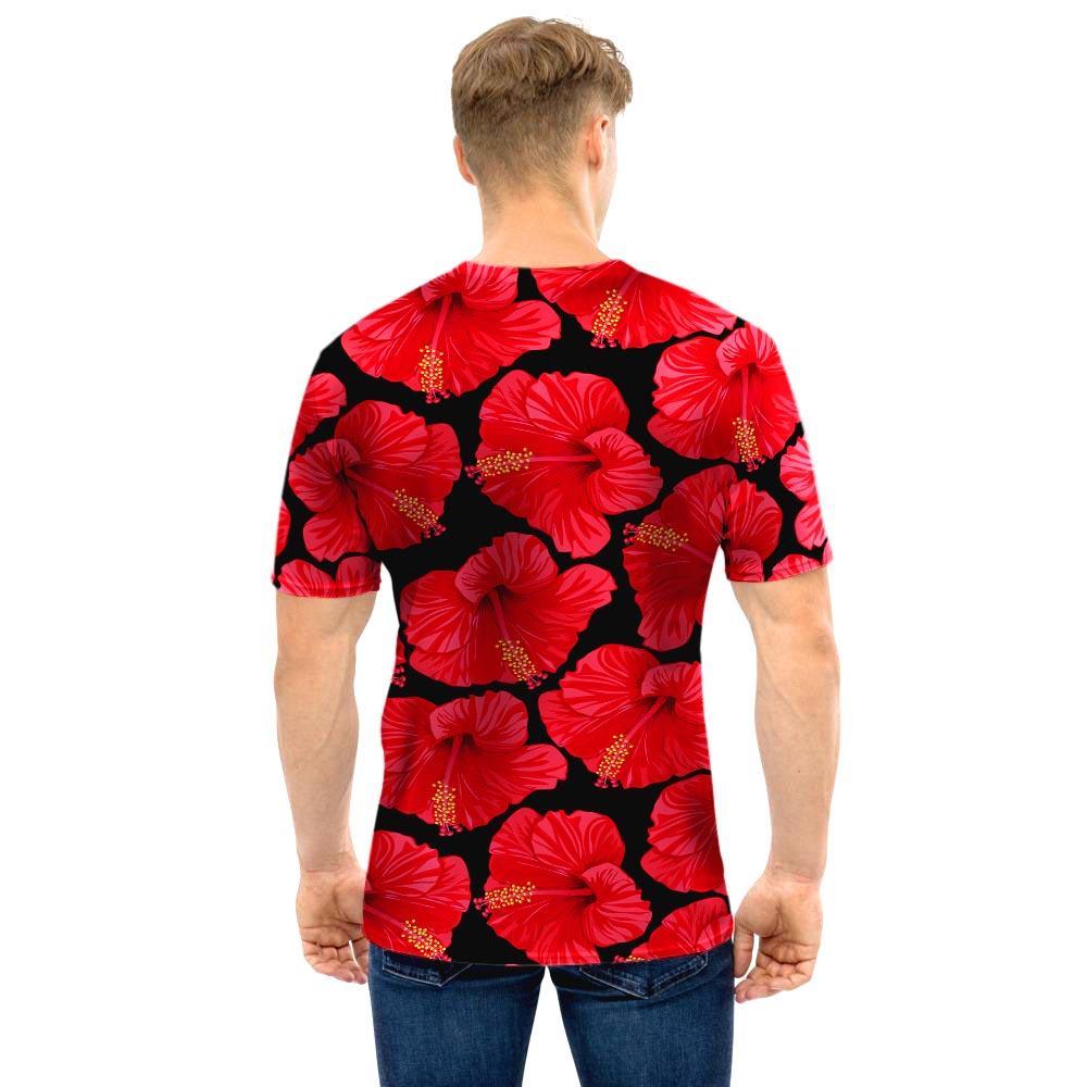 Red Hibiscus Flower Hawaiian Print Men T Shirt-grizzshop