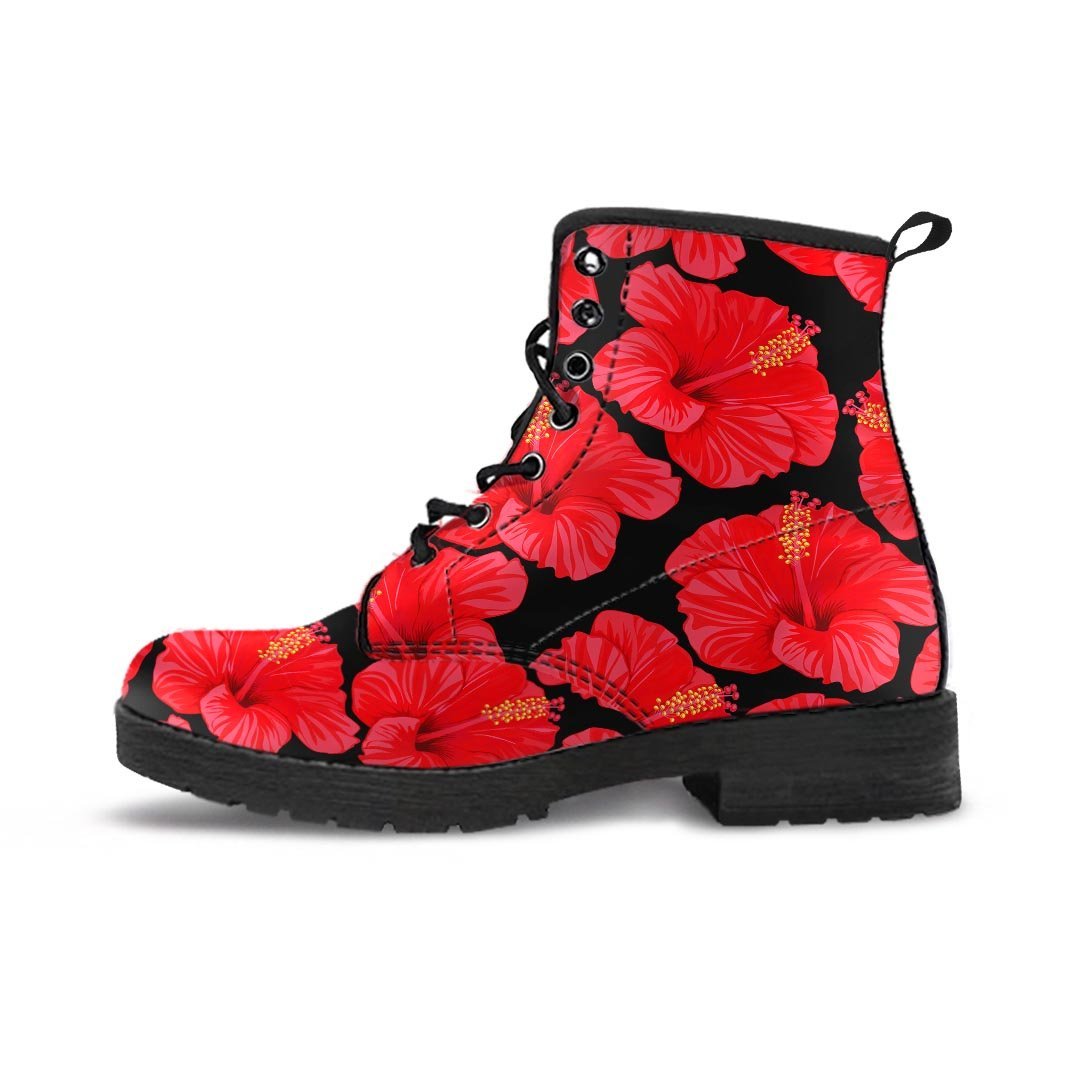 Red Hibiscus Flower Hawaiian Print Men's Boots-grizzshop