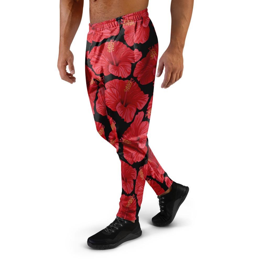 Red Hibiscus Flower Hawaiian Print Men's Joggers-grizzshop