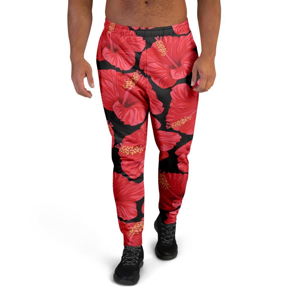 Red Hibiscus Flower Hawaiian Print Men's Joggers-grizzshop