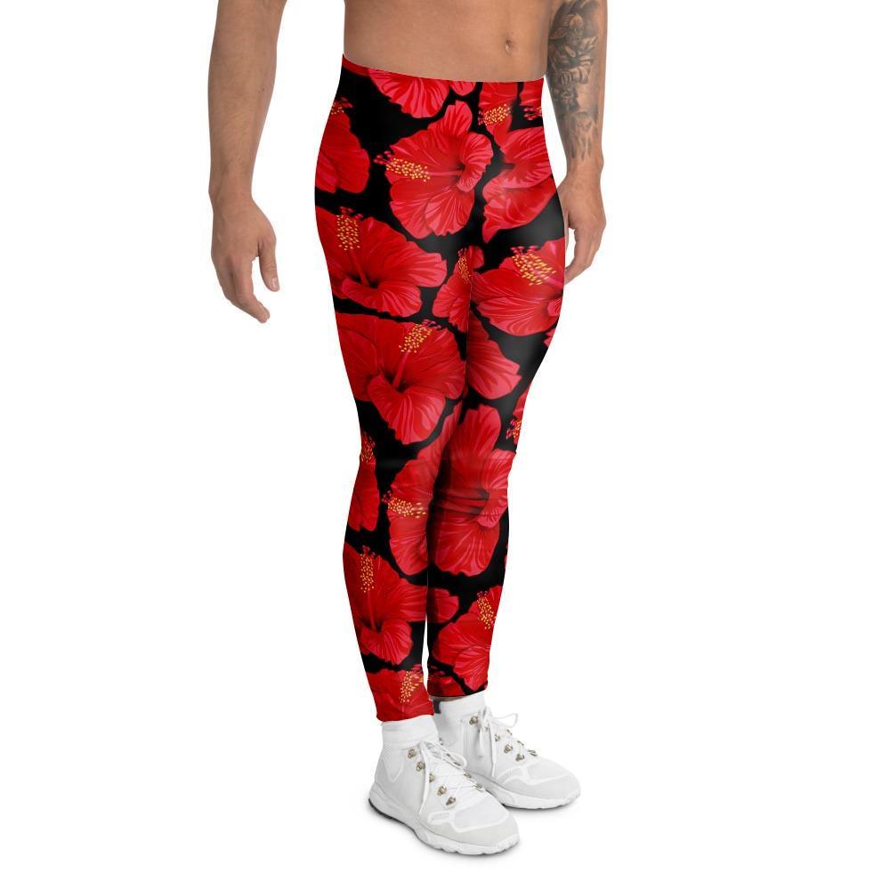 Red Hibiscus Flower Hawaiian Print Men's Leggings-grizzshop