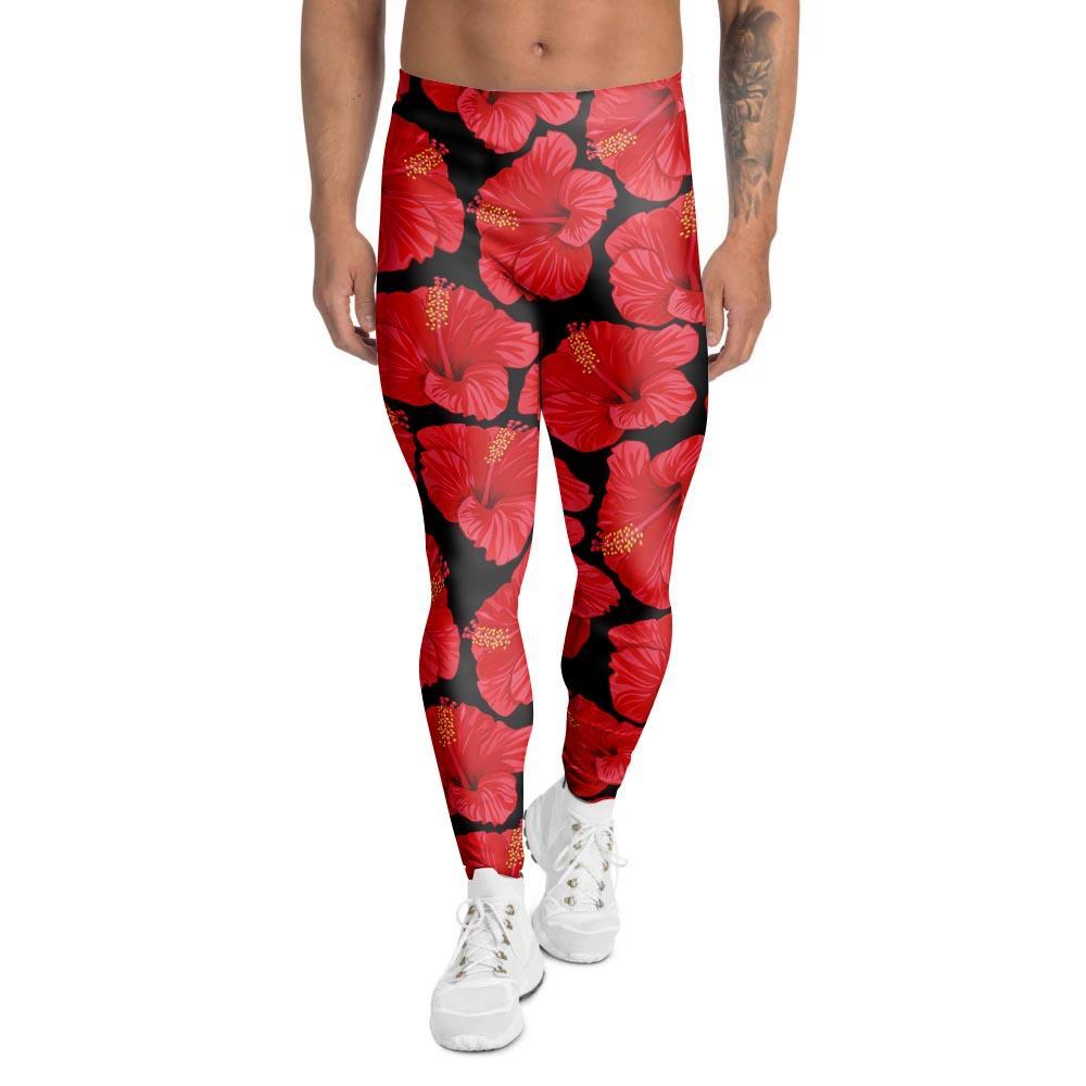 Red Hibiscus Flower Hawaiian Print Men's Leggings-grizzshop