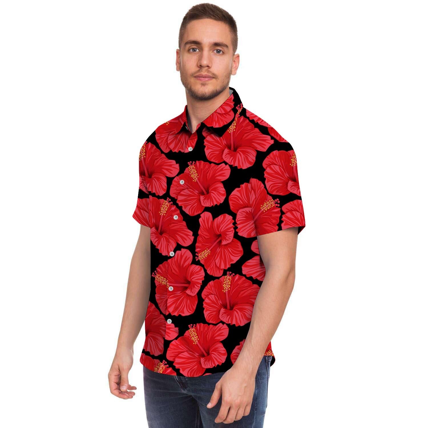 Red Hibiscus Flower Hawaiian Print Men's Short Sleeve Shirt-grizzshop