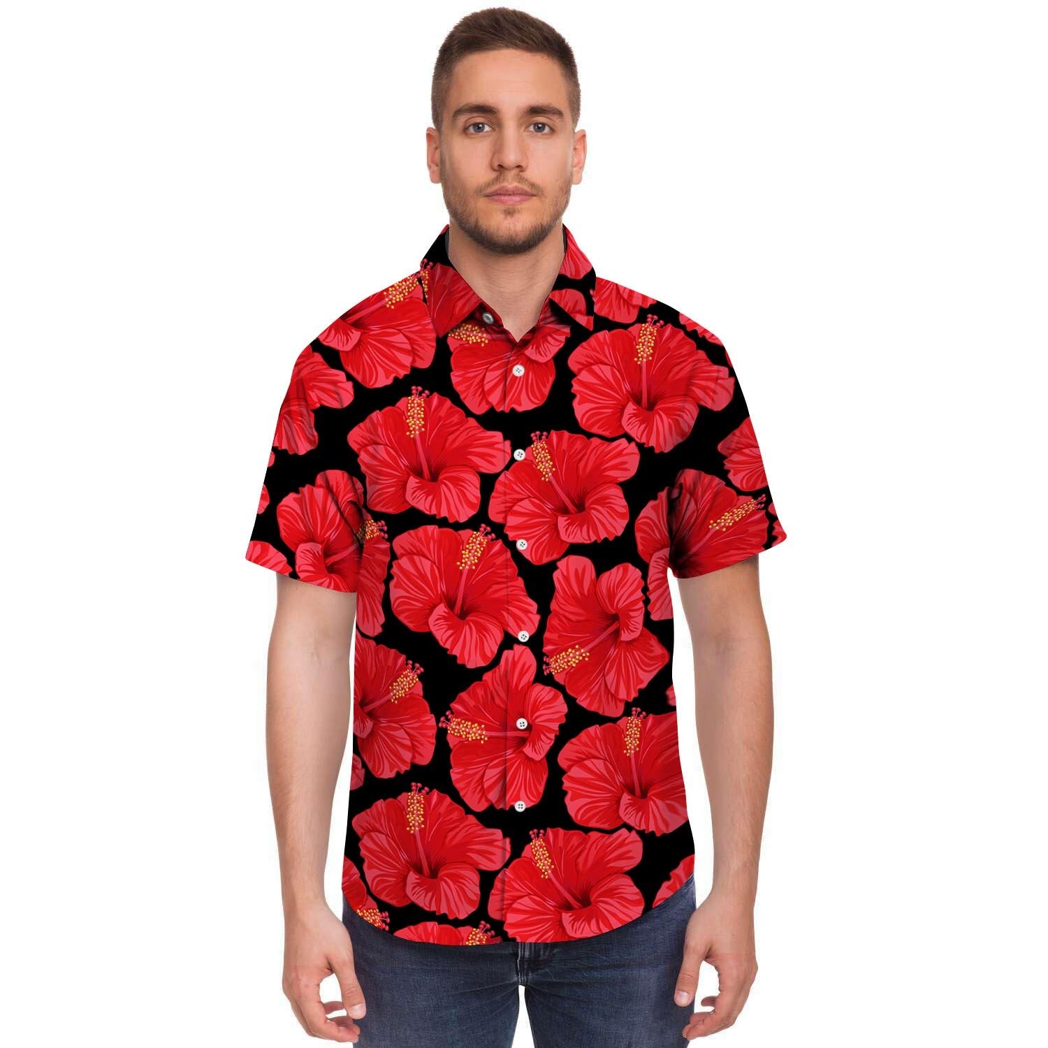 Red Hibiscus Flower Hawaiian Print Men's Short Sleeve Shirt-grizzshop