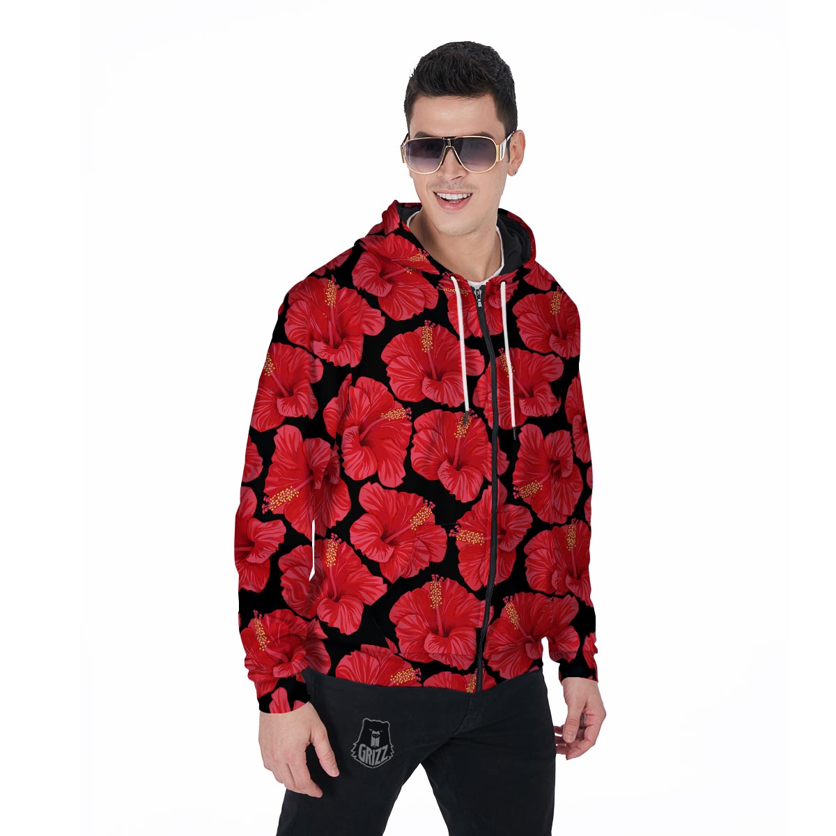 Red Hibiscus Flower Hawaiian Print Men's Zip Up Hoodie-grizzshop