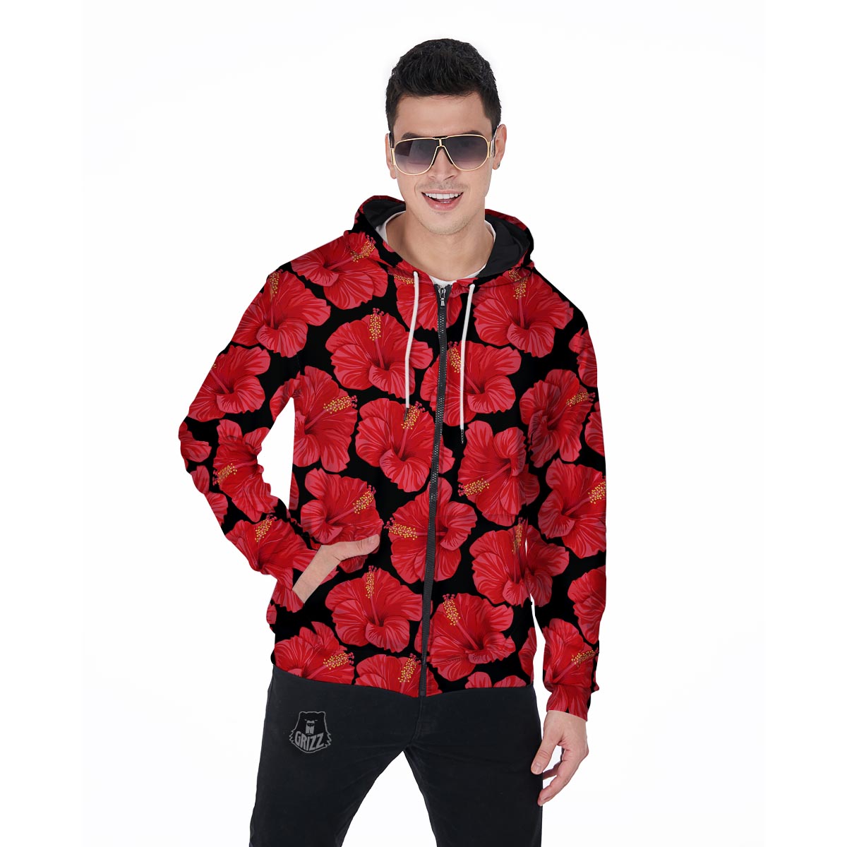 Red Hibiscus Flower Hawaiian Print Men's Zip Up Hoodie-grizzshop
