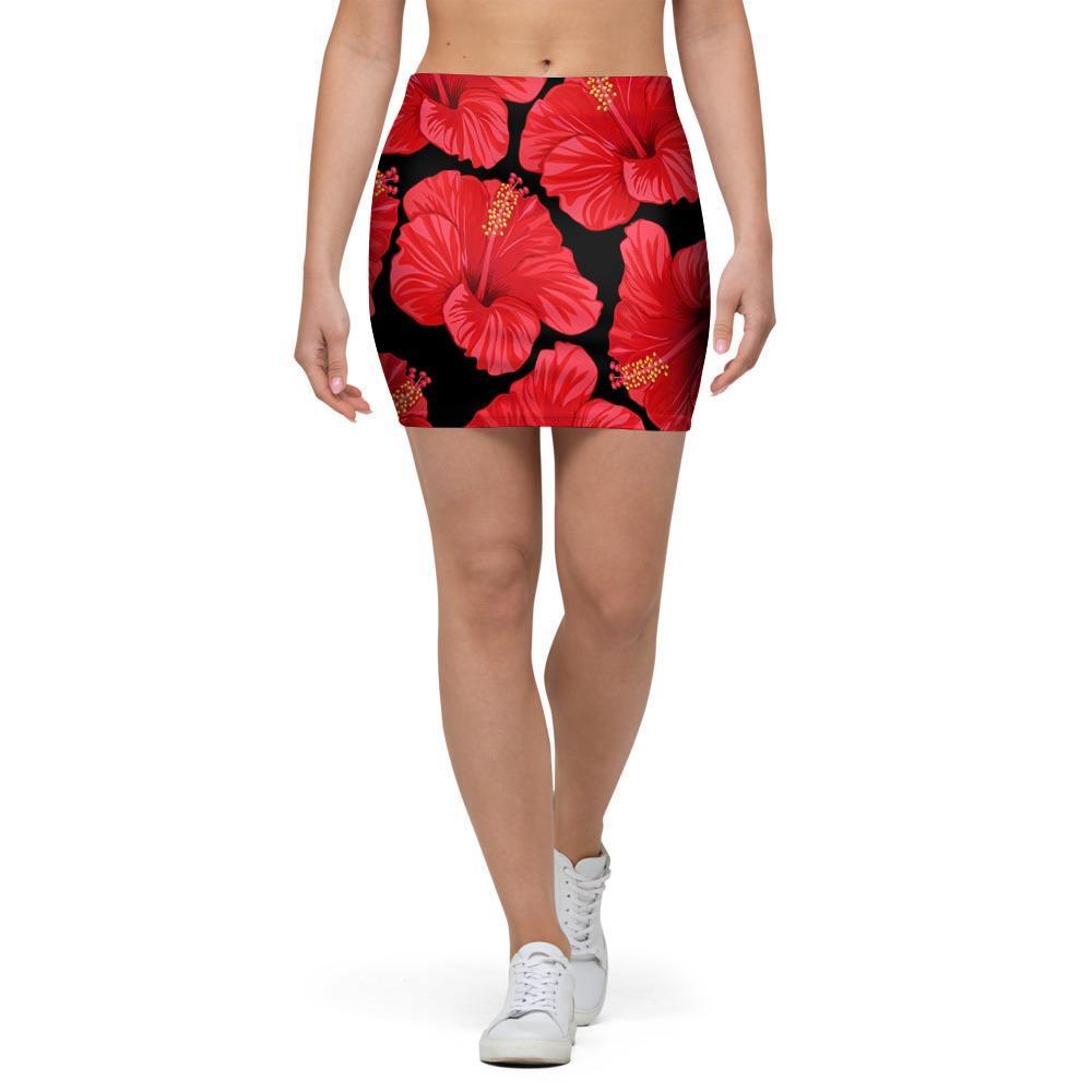 Red Hibiscus Flower Hawaiian Print Mini Skirt-grizzshop