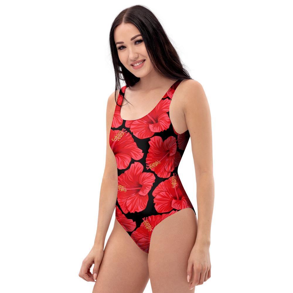 Red Hibiscus Flower Hawaiian Print One Piece Swimsuite-grizzshop