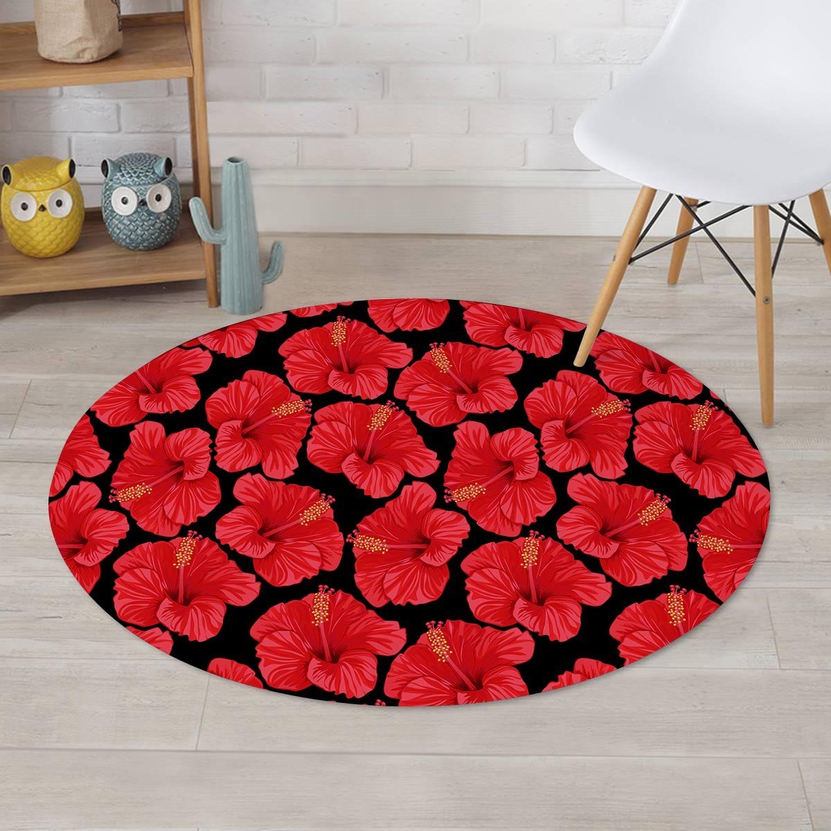 Red Hibiscus Flower Hawaiian Print Round Rug-grizzshop