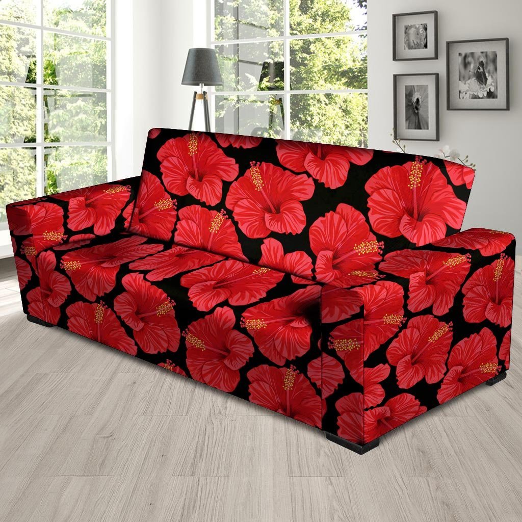 Red Hibiscus Flower Hawaiian Print Sofa Cover-grizzshop