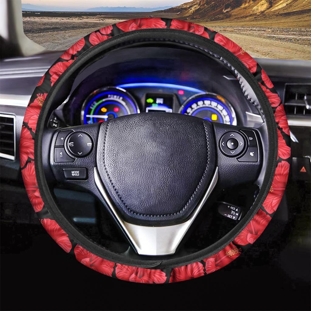 Red Hibiscus Flower Hawaiian Print Steering Wheel Cover-grizzshop