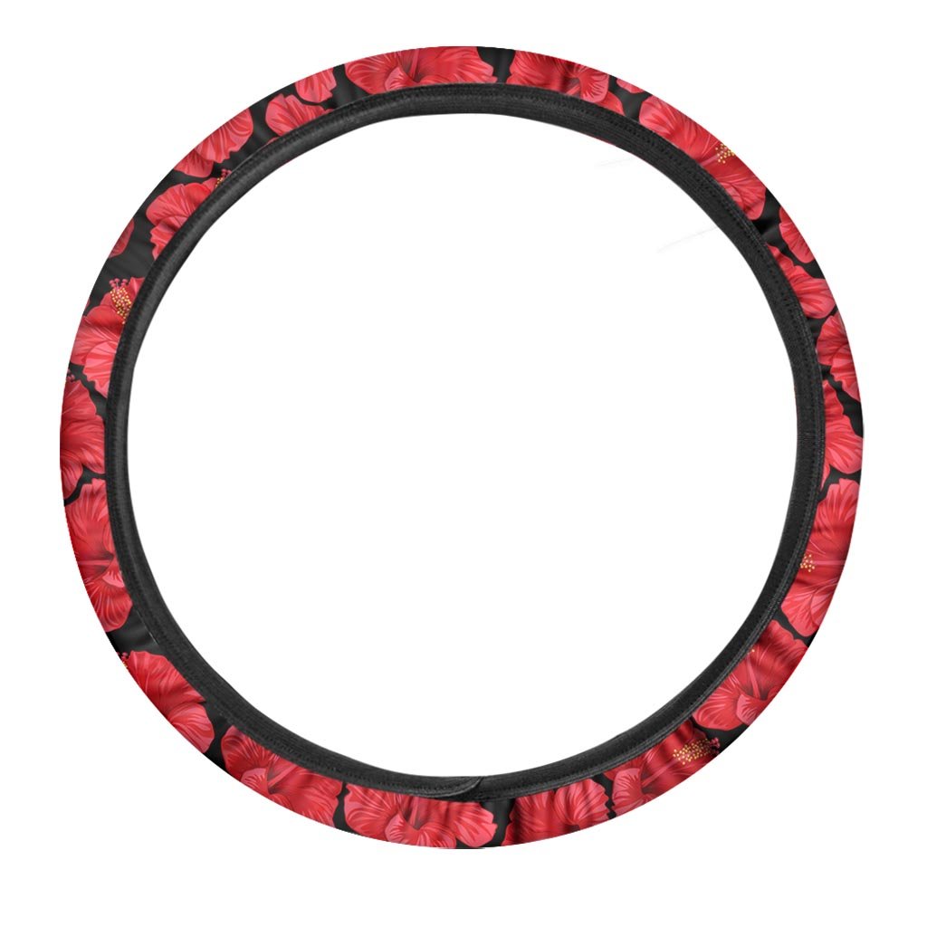 Red Hibiscus Flower Hawaiian Print Steering Wheel Cover-grizzshop