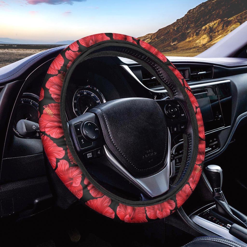 Red Hibiscus Flower Hawaiian Print Steering Wheel Cover-grizzshop