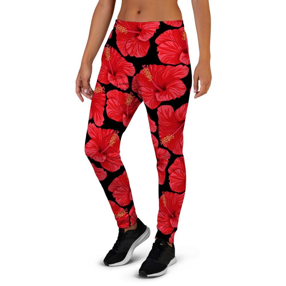 Red Hibiscus Flower Hawaiian Print Women's Joggers-grizzshop