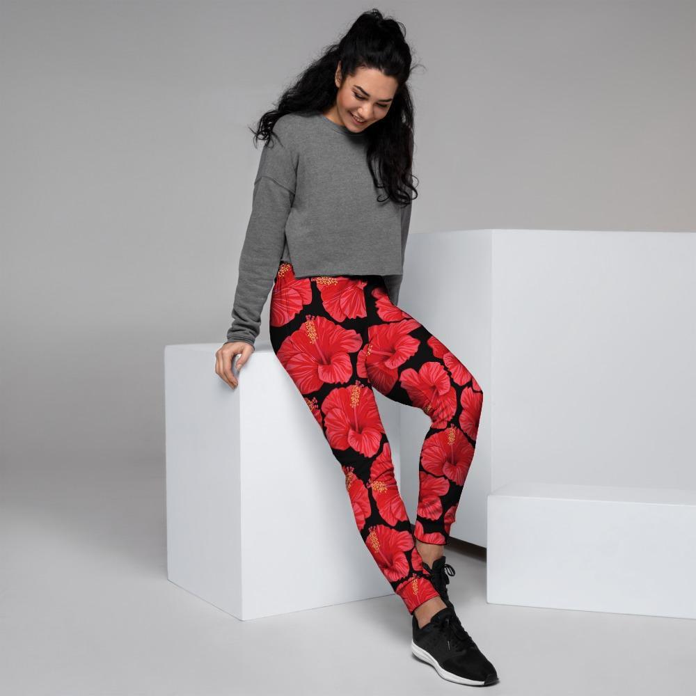 Red Hibiscus Flower Hawaiian Print Women's Joggers-grizzshop