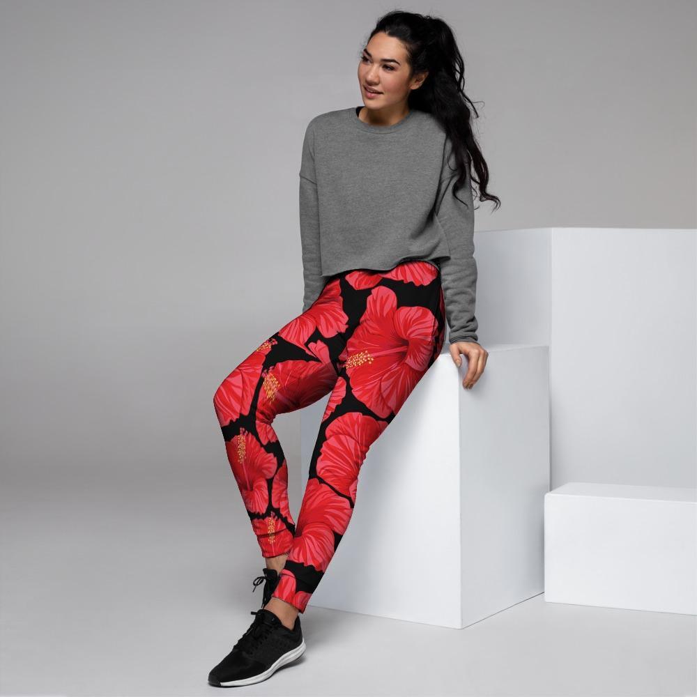 Red Hibiscus Flower Hawaiian Print Women's Joggers-grizzshop