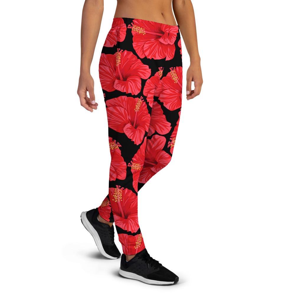 Red Hibiscus Flower Hawaiian Print Women's Joggers-grizzshop