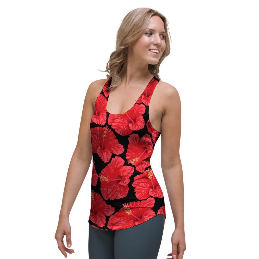 Red Hibiscus Flower Hawaiian Print Women's Racerback Tank Top-grizzshop