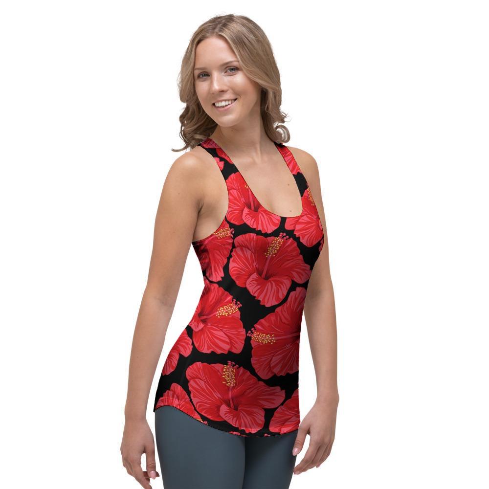 Red Hibiscus Flower Hawaiian Print Women's Racerback Tank Top-grizzshop