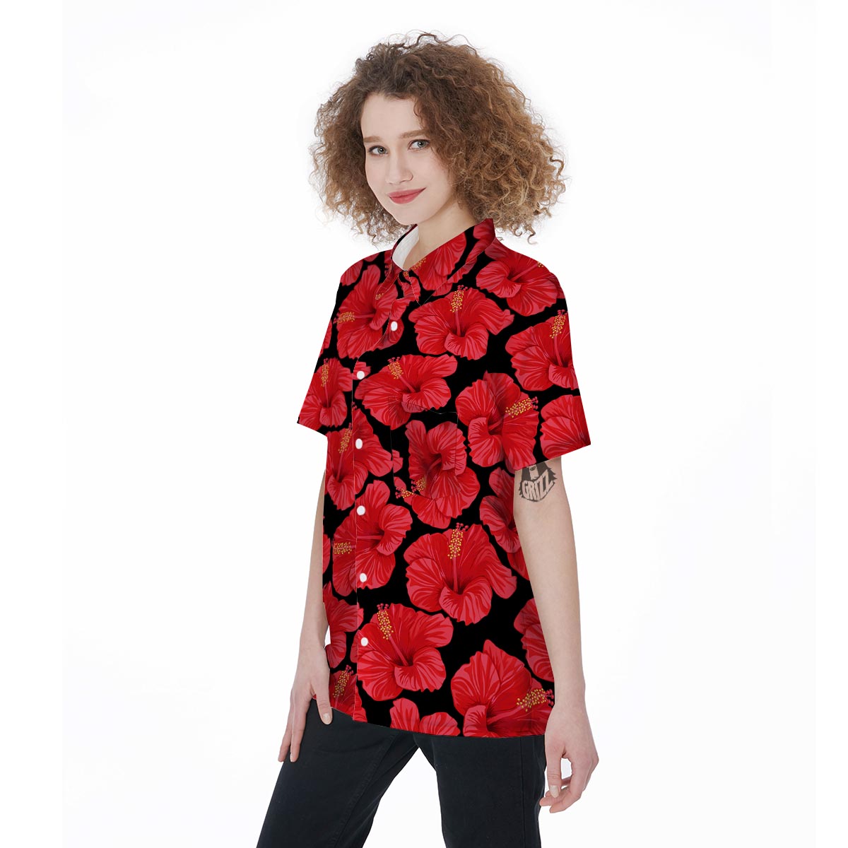 Red Hibiscus Flower Hawaiian Print Women's Short Sleeve Shirts-grizzshop