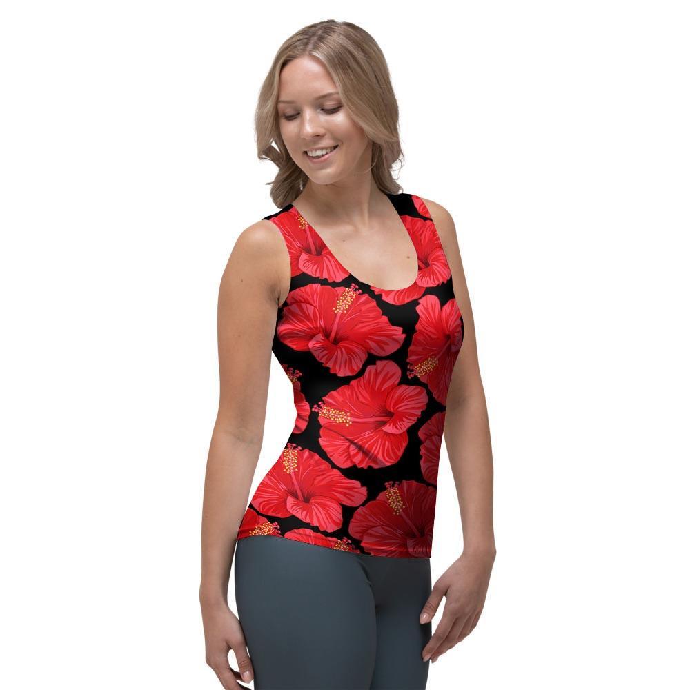 Red Hibiscus Flower Hawaiian Print Women's Tank Top-grizzshop