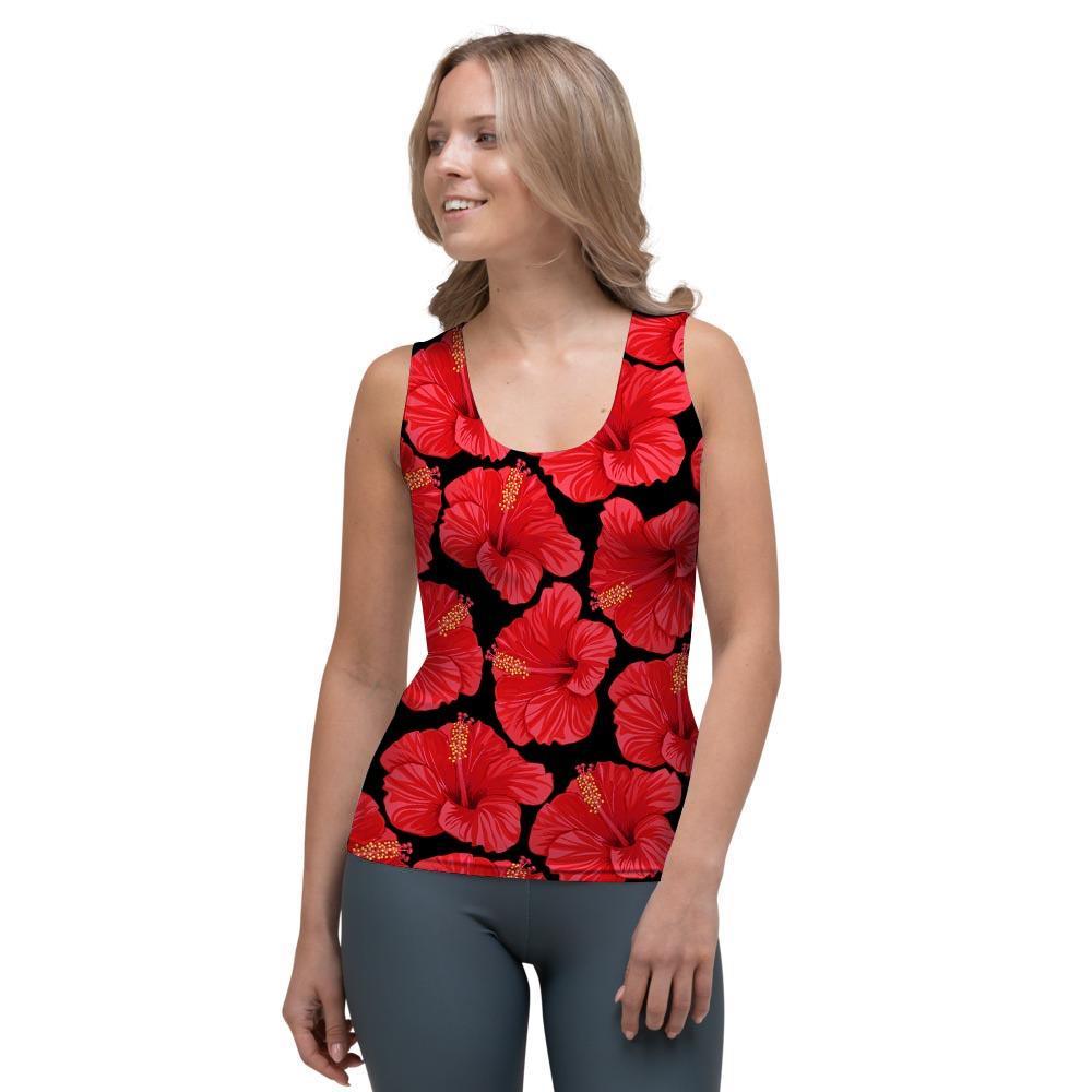 Red Hibiscus Flower Hawaiian Print Women's Tank Top-grizzshop