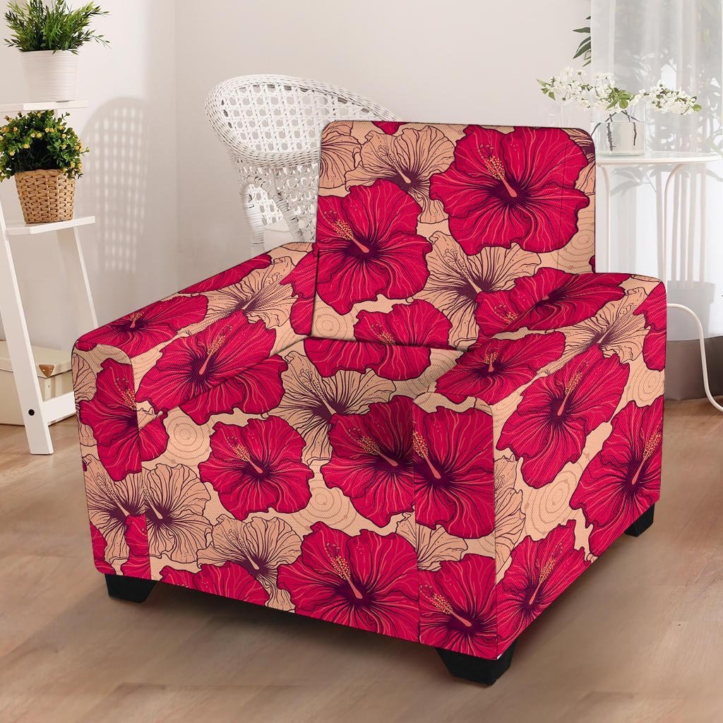 Red Hibiscus Flower Print Armchair Cover-grizzshop