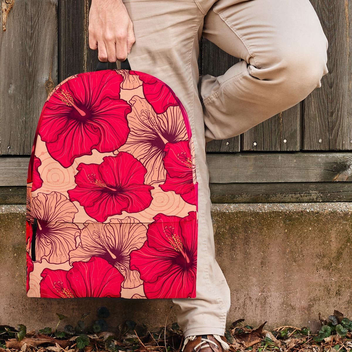 Red Hibiscus Flower Print Backpack-grizzshop