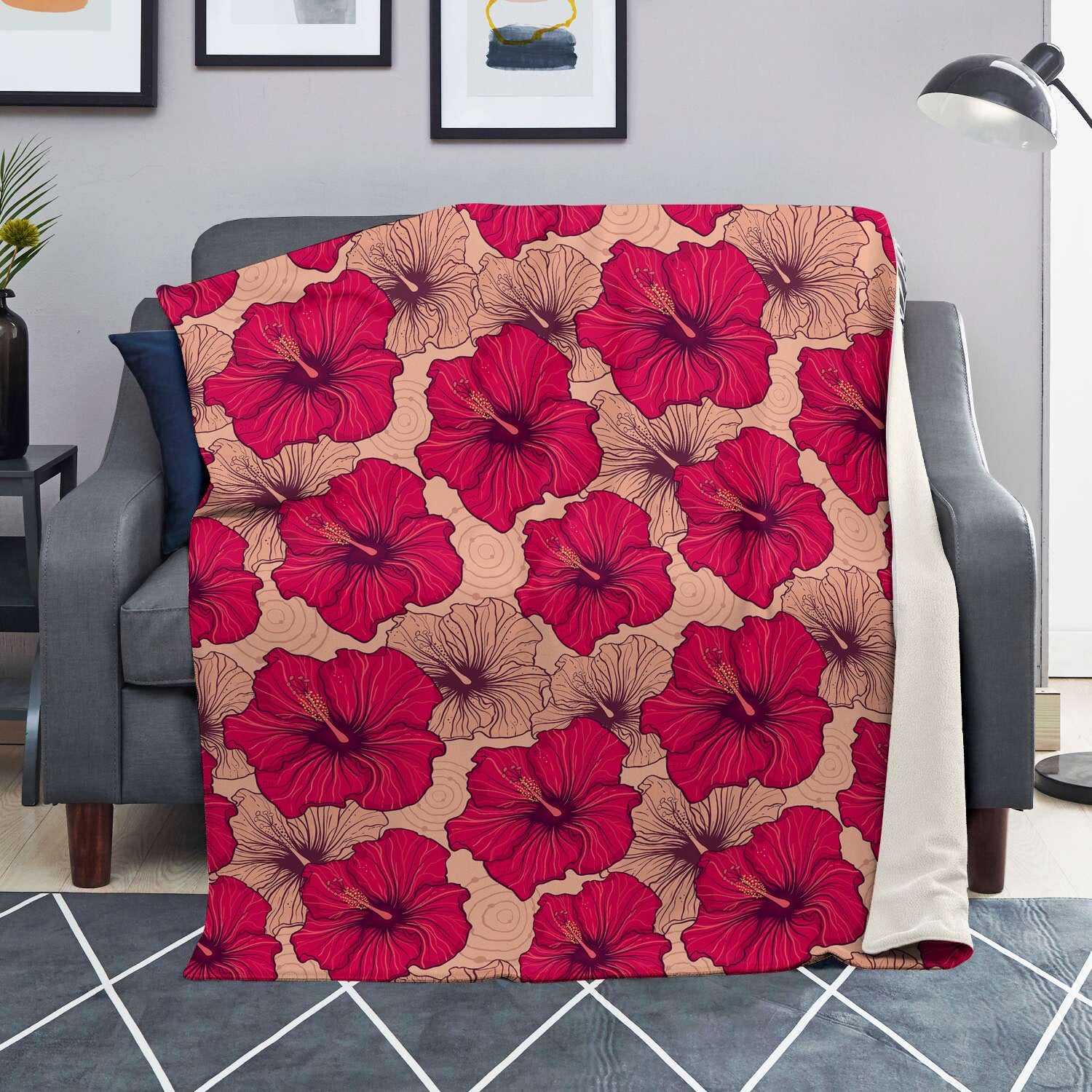 Red Hibiscus Flower Print Blanket-grizzshop