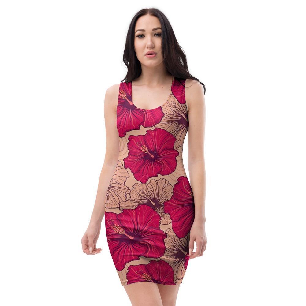 Red Hibiscus Flower Print Bodycon Dress-grizzshop